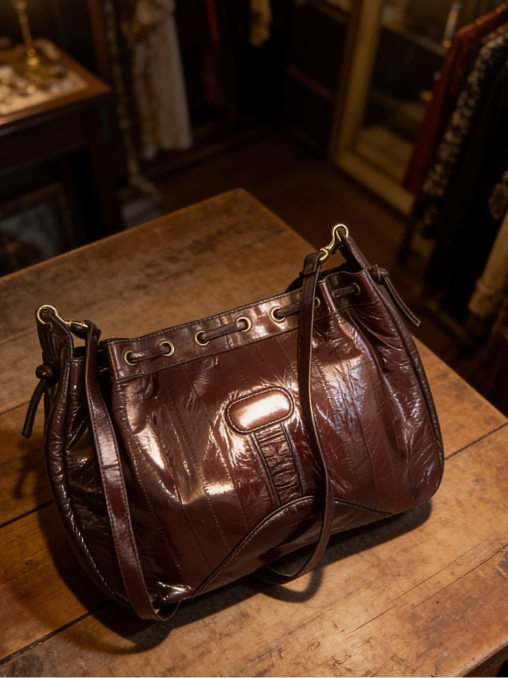 Vintage Woman’s Genuine Slouchy Eelskin Leather Shoulder Bag in Burgundy